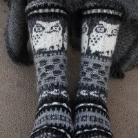 Hand knitted wool socks with owls