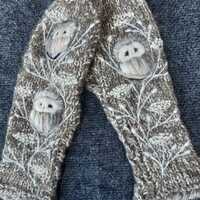 Hand knitted wool mittens with embroidery owl,knitted gloves,winter accessories,Christmas gi...