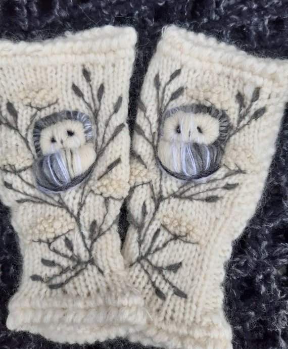 Hand knitted fingerless gloves with embroidery owls