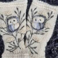 Hand knitted fingerless gloves with embroidery owls