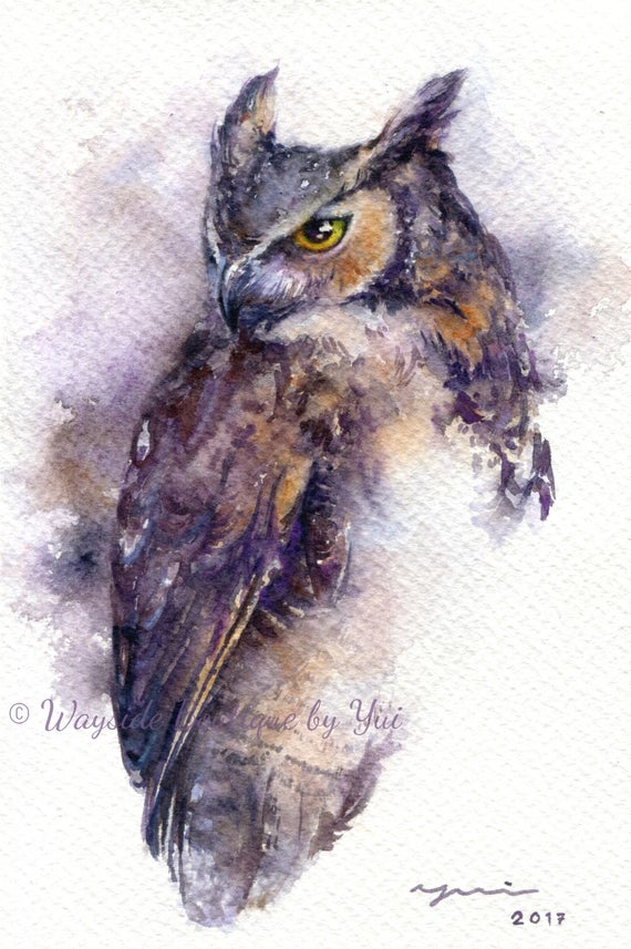 PRINT - Horned Owl - Watercolor painting 7.5 x 11