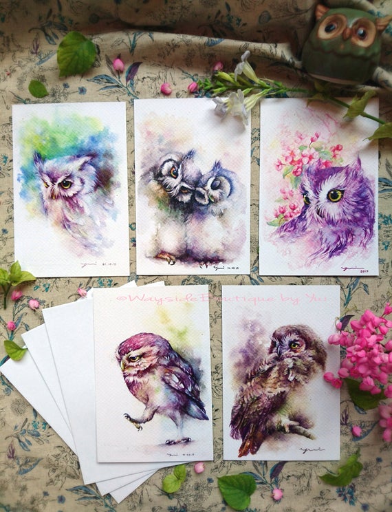Greeting owl set 5 cards - print from watercolor painting 4 x6”