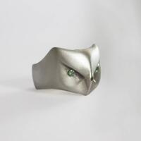 Great Horned Owl ring with green diamonds