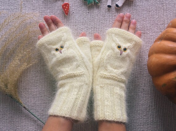 Knit mittens for women owl lovers gift for friend Winter knit gloves Wool mitts birthday gift for sister Autumn choose your color
