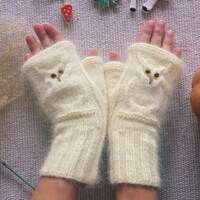 Knit mittens for women owl lovers gift for friend Winter knit gloves Wool mitts birthday gif...