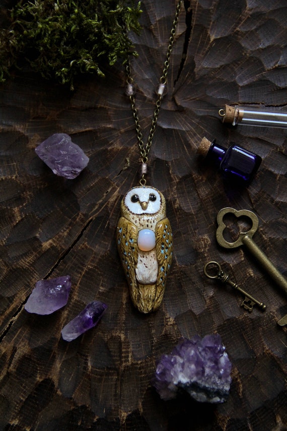 Barn Owl with Opalite Necklace, Barn Owl Charm, Witch Mystic Owl Necklace, Owl Totem Necklace, Magic Owl Pendant, Fantasy Owl Necklace