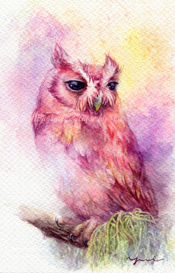 Fantasy owl original watercolor painting