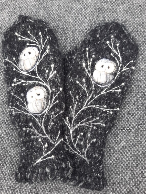 Hand knitted merino wool and mohair mix winter mittens,winter accessories,embroidery,owl,gray and white.Eco life.Valentines Day gift for him