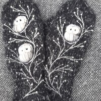 Hand knitted merino wool and mohair mix winter mittens,winter accessories,embroidery,owl,gra...