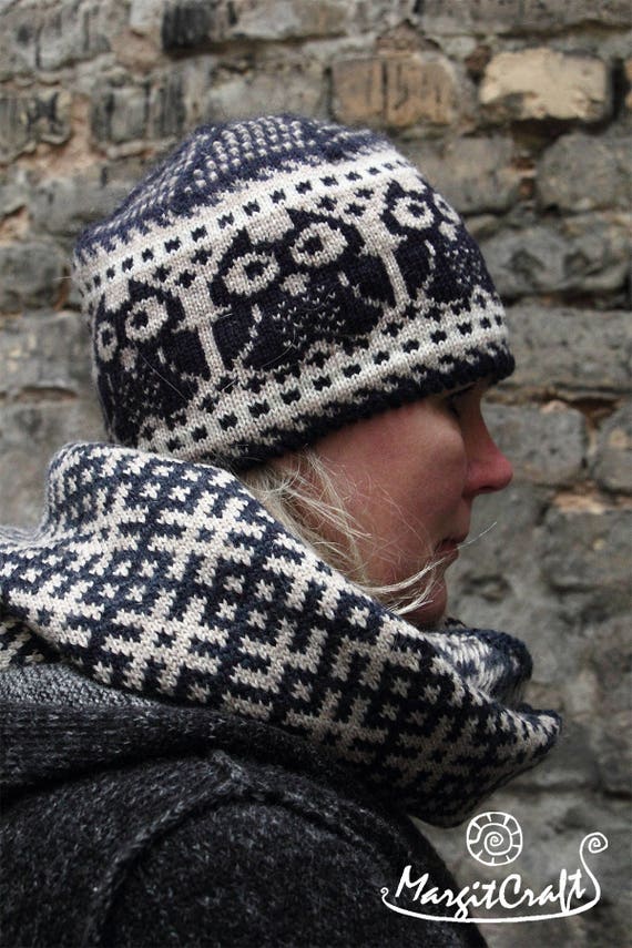 Knitted Nordic hat with owls,winter hat,unisex winter hat,winter accessories,blue and beige,gift for him,gift for her,soft and casual.