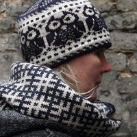 Knitted Nordic winter hat with owls