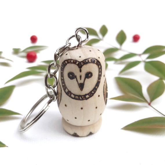 Wood Barn Owl keychain