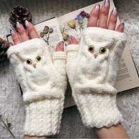 Owl fingerless knitted mittens