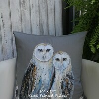 Owl gift, Hand painted Owl pillow, Owl painting, Owl lover gift, Wildlife cushion, Owl decor...