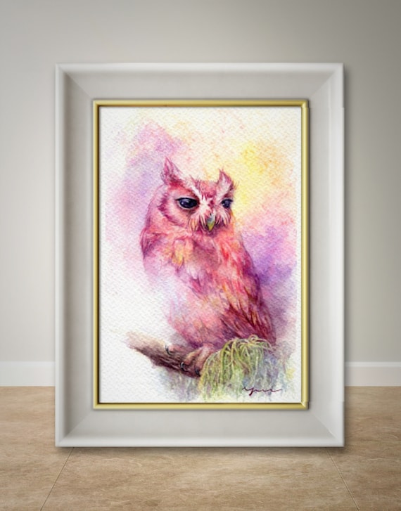 PRINT – Fantasy owl- Watercolor painting 7.5 x 11” fromHand paint 100%, art, watercolour, owl art, minimalist, Contemporary, gift, Wildlife