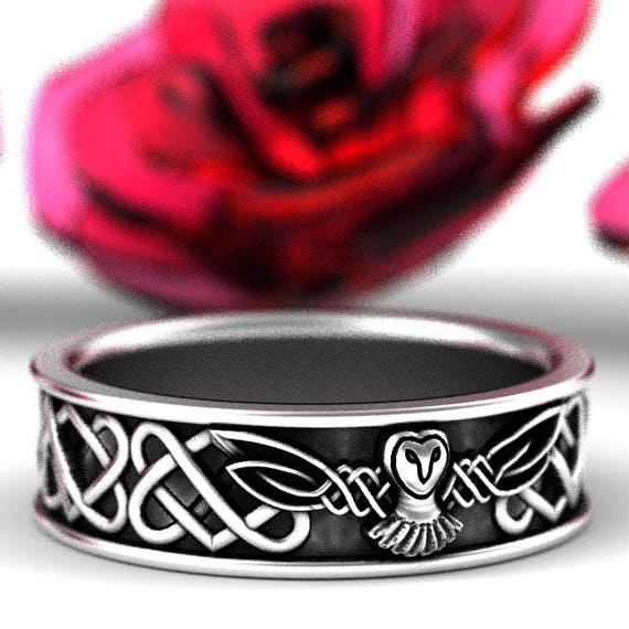 Sterling Silver Owl Wedding Band, Celtic Owl Ring, Heart Knot Wedding Band, Flying Barn Owl Jewelry, 925 Celtic Knotwork Ring, 1220