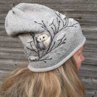 Knitted beanie hat with embroidery owl,winter accessories,lovely and casual gift for Christm...