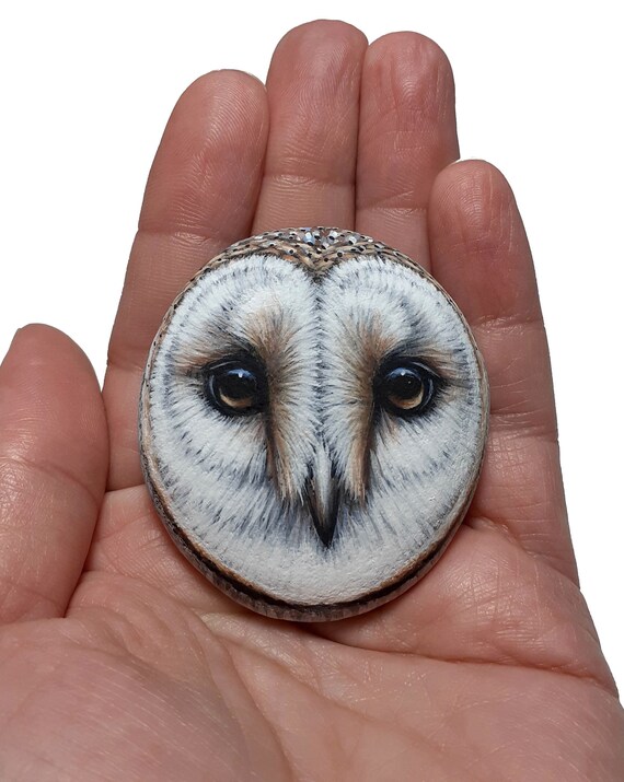 Barn Owl Face Portrait Painted Stone