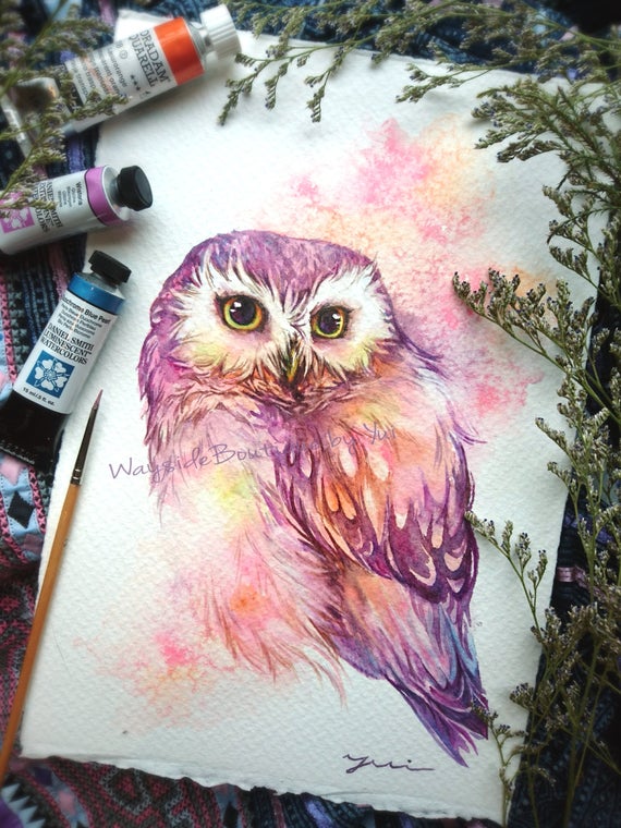 Bright sweet owl- ORIGINAL watercolor painting 7.5x11 inches