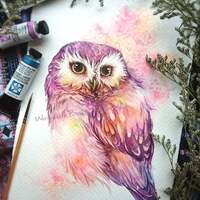 Bright sweet owl- ORIGINAL watercolor painting 7.5x11 inches