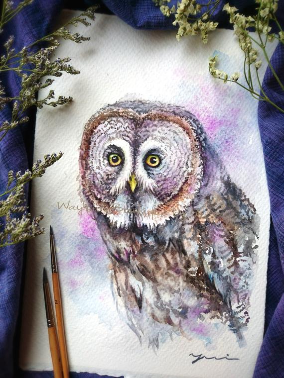 Great grey owl - ORIGINAL watercolor painting 7.5x11 inches