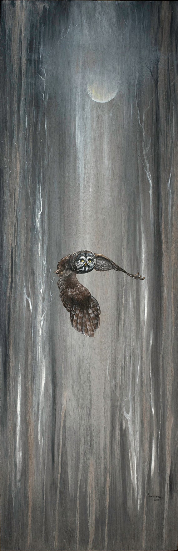 Great Grey Owl in flight oil painting: Night Flight