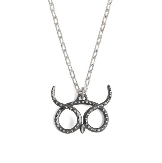 Dark Owl necklace with white diamond setting , owl curve pendant, owl silver pendant, owl jewelry, owl silver jewelry, owl accessory