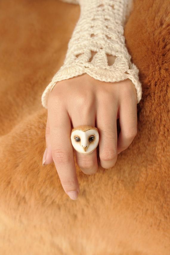 Barn Owl Enamel Ring, Hand crafted owl ring