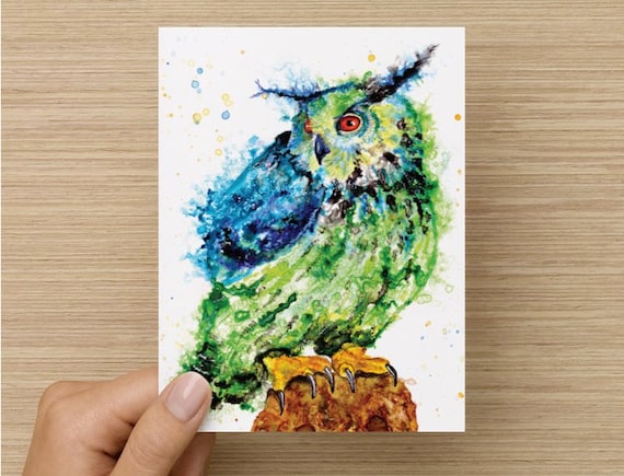 Great horned owl colorful art note card set