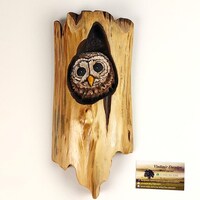 Hibou Chouette Sculpté en Bois dans Écorce, Animal Joie Réaliste, Art m...
