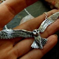 Silver owl necklace, flying sterling owl necklace with textured details