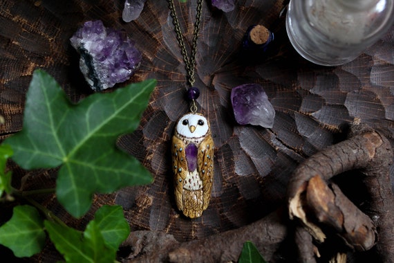Barn Owl Pendant, Owl lovers gift, amethystium owl charm, owl amulet, totem necklace, witch jewelry