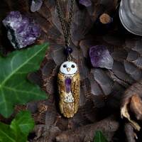 Barn Owl Pendant, Owl lovers gift, amethystium owl charm, owl amulet, totem necklace, witch ...