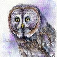 PRINT - Great grey owl- Watercolor painting 7.5 x 11”, hand-painted by Yui Chatkamol, ...