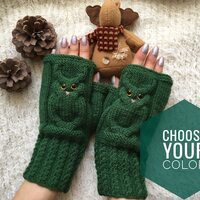 Owl fingerless mittens woman Wool owl lovers gift Fingerless gloves mitts for girl knit mitt...