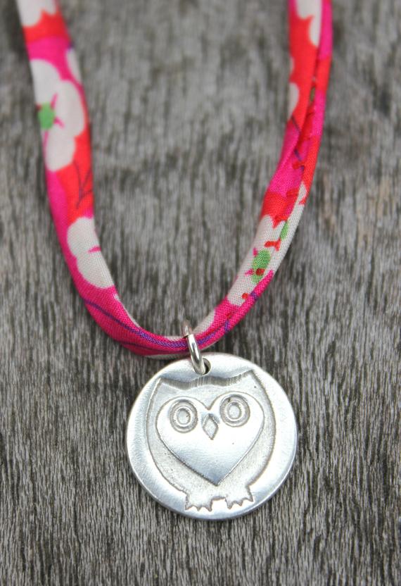 Owl liberty fabric charm necklace, heart owl pendant