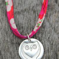Owl liberty fabric charm necklace, heart owl pendant