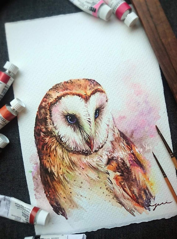 Barn owl - ORIGINAL watercolor painting 7.5x11 inches