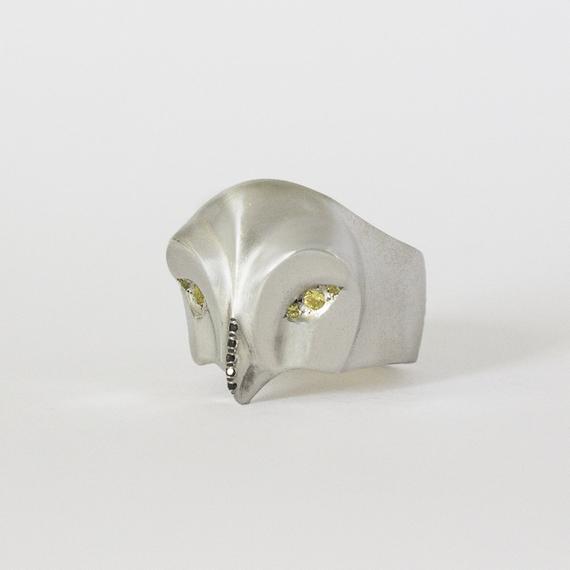 Snowy Owl ring with Yellow Sapphire eyes and a black beak