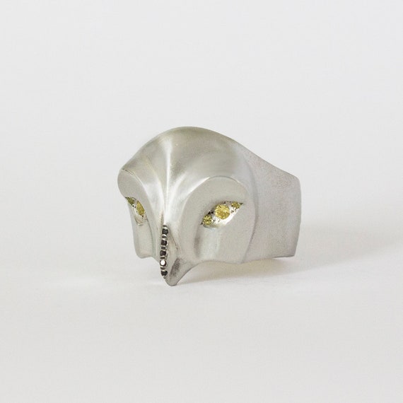 Snowy owl ring with Yellow Sapphire eyes and a black beak ,owl jewelry,  Hedwig, owl accessories, animal Christmas gift