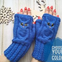 Owl fingerless mittens hand knit