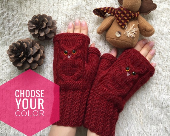 Owl fingerless mittens hand knit range of colours