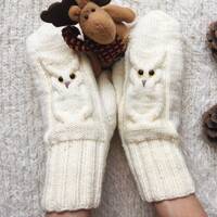 Owl Knit mittens women owl lovers gift for friend Winter knit gloves Wool mitts birthday gif...