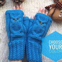 Fingerless mittens woman Christmas Wool gloves Mitts for girl Owl lovers gift Animal mittens...