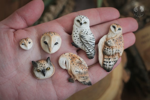 Barn owl cabochons White owl cabs Owl head Bird face Cabochon for beaded embroidery and metalsmith Polymer clay animal cabochon for jewelry