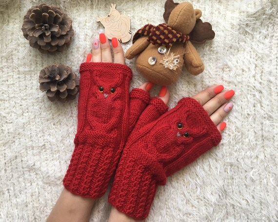 Christmas Animal mittens Owl lovers gift Owl fingerless mittens woman Wool gloves mitts for girl knit Owl gifts Warm present for sister
