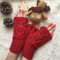 Christmas Animal mittens Owl lovers gift Owl fingerless mittens woman Wool gloves mitts for ...