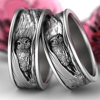 Sterling Silver Owl Wedding Ring Set, Owl Wedding Bands, Tree Bark Wedding Rings, Owl In Tre...