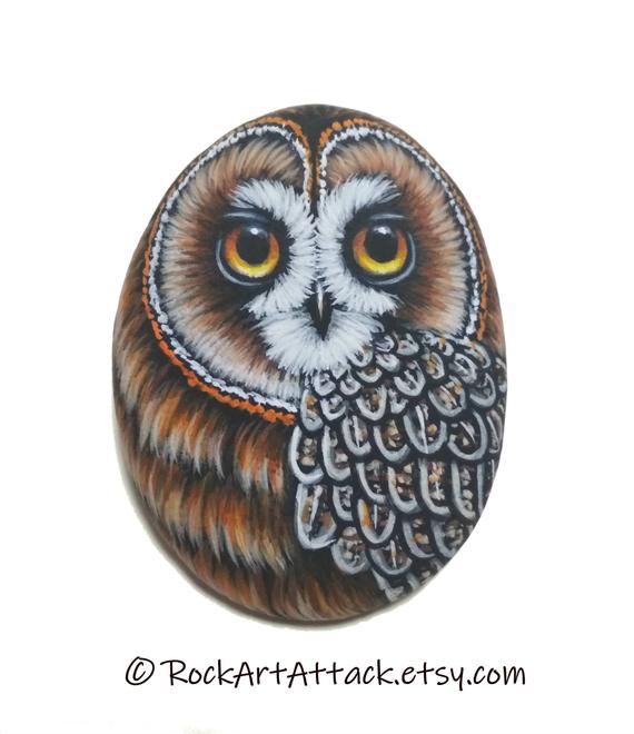 Short-eared owl handmade miniature acrylic painting on sea pebble