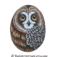 Short-eared owl handmade miniature acrylic painting on sea pebble